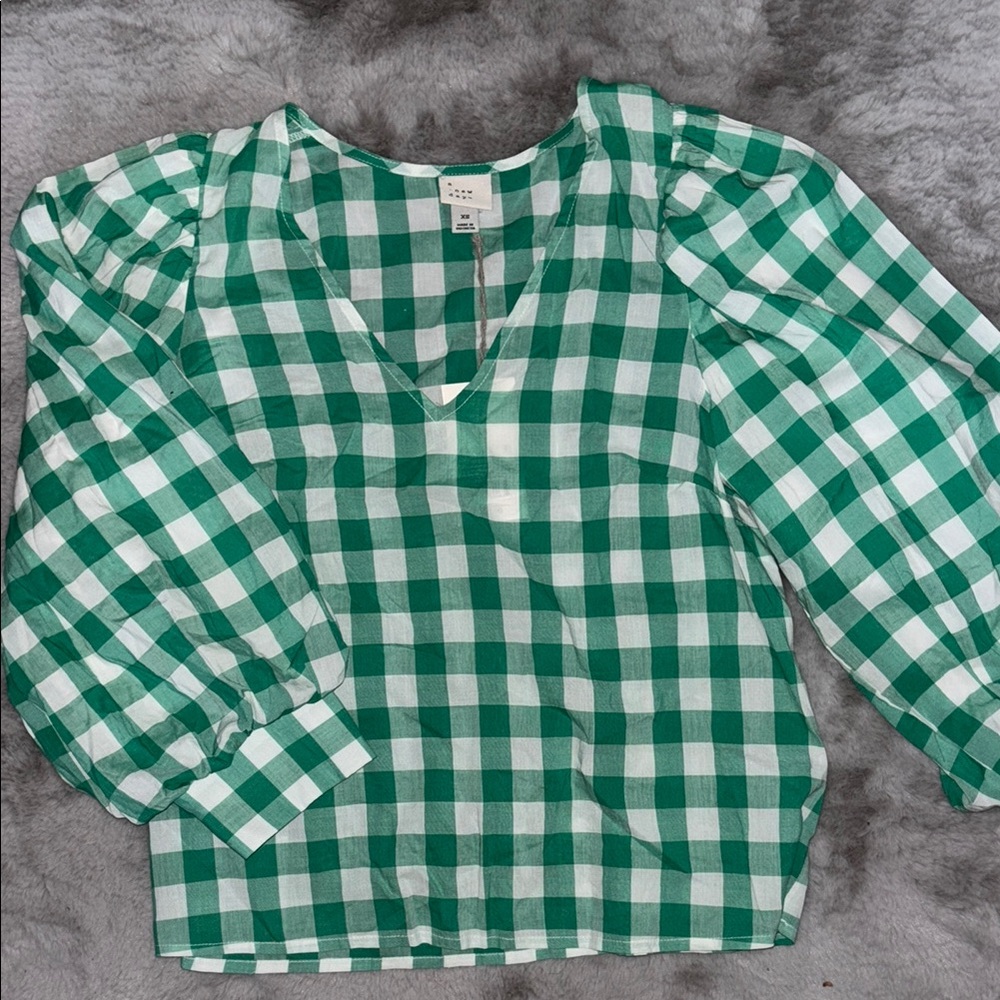 NWT Green and White Checkered Blouse